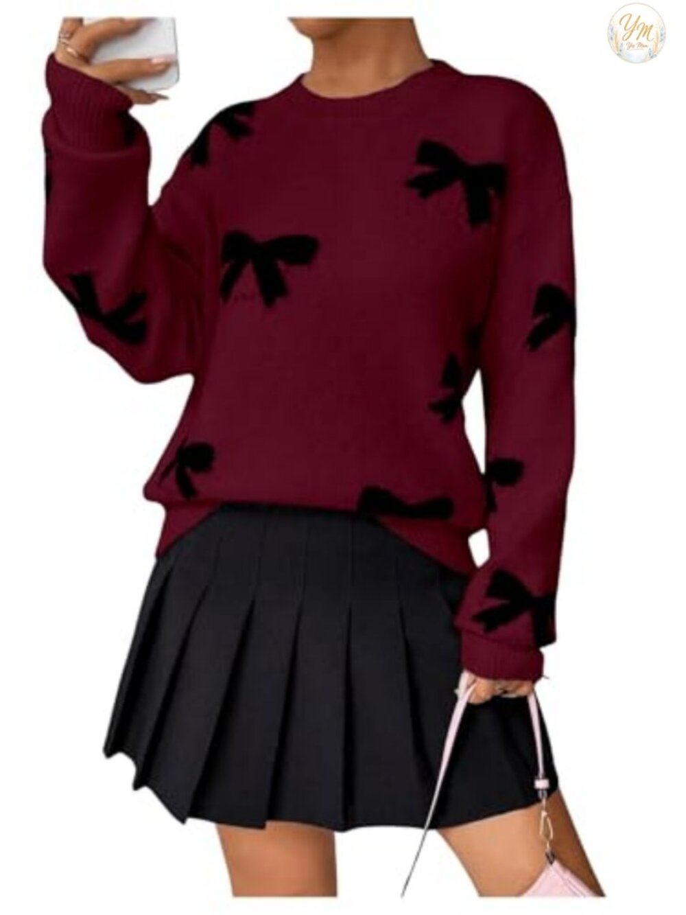 Bow Sweater Women Long Sleeve Crewneck Cute Casual Vintage Oversized Pullover